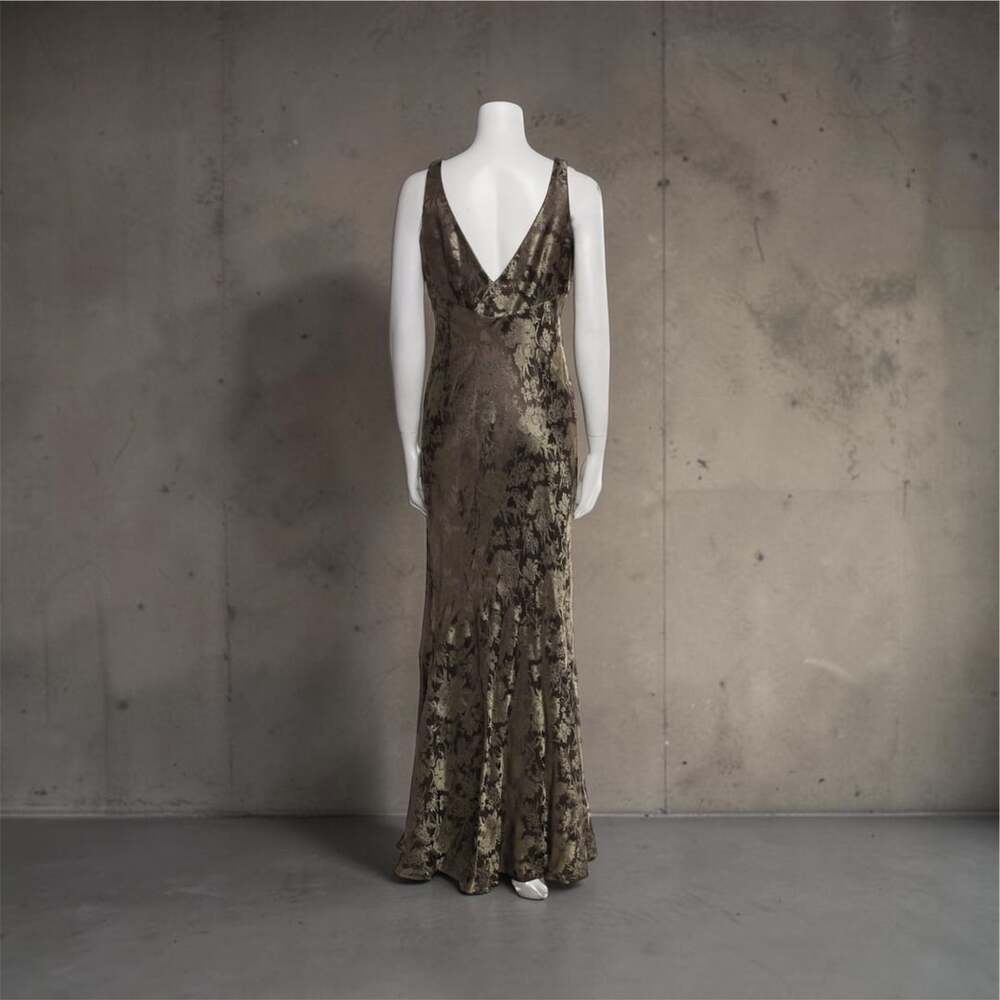 NEW Carmen Marc Valvo 8-10 Evening Gown Silky Dress Olive Taupe Mermaid Fishtail - Picture 2 of 5